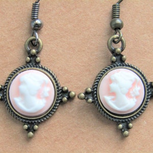 Bronze Vintage Cameo Earrings, Cameo Pink Dangle Earrings, Victorian Cameo Earrings, Antique Bronze Cameo Earrings, Cameos for Women