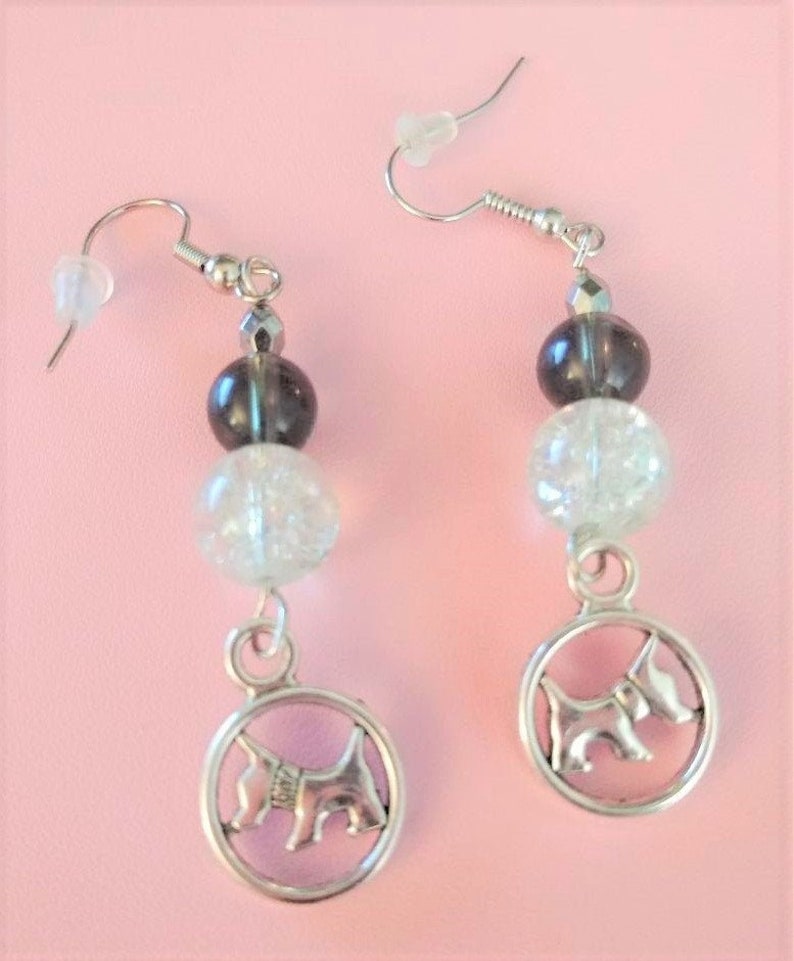 Handmade Silver Scottish Terrier Dog Earrings with Black and Clear Crackle Glass Beads