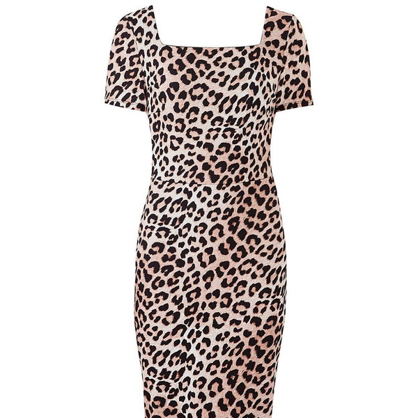 PLUS SIZE Dress Built in Control Dress UK Size 26 28 30 32 Brown Leopard 50s Shape Sculpt Midi Dress Firm Control Leopard Print Christmas