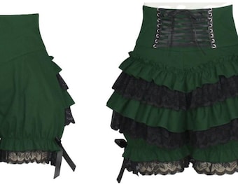 Size UK 8 Green Black Steampunk Shorts Victorian Pantaloons Knickerbockers Gothic Corset Lace Ruffle Back High Rise Bloomers