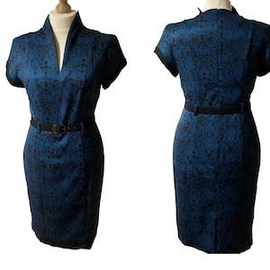 50s Black Blue Jacquard Vintage Pencil Wiggle Dress True To Size UK  12 14 16 18 1950s Retro