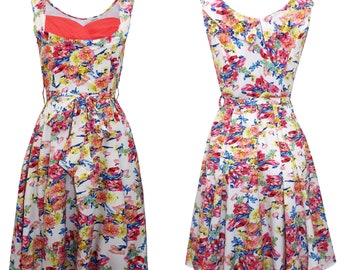 White Floral 50s Vintage Inspired Swing Dress True To Size 10 12 14 16 18