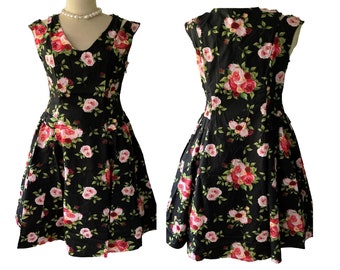 Taille 12, 16, 18, Royaume-Uni, style années 50, noir, floral, robe, rockabilly, taille réelle, rouge, rose, rose, retro