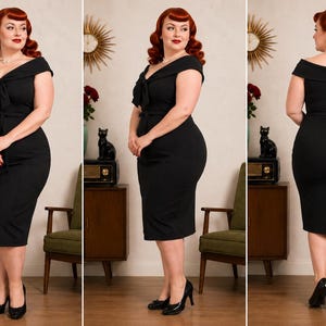 Plus Size 1950s Style Black Pencil Dress, Vintage Collar 26 28 30 32 image 1