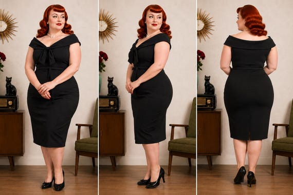 Plus Size 1950s Style Black Pencil Dress, Vintage Collar 26 28 30 32