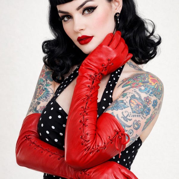 Red Quality Long Leather Lace Up Opera Gloves Small Medium Large & Extra Large Unisex