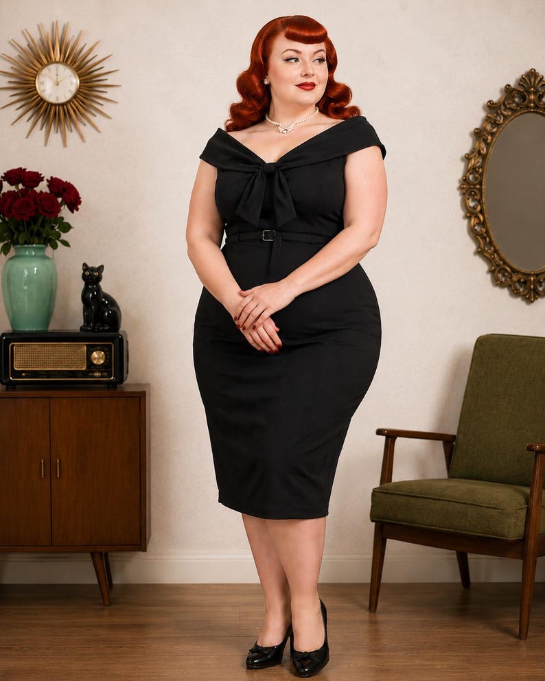 Plus Size 1950s Style Black Pencil Dress, Vintage Collar 26 28 30 32 image 3