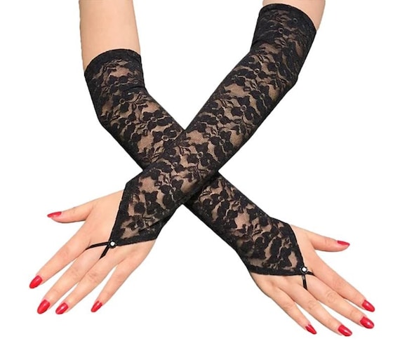 Long Black Lace Gloves 16 Inch Long Opera Gloves With Ring Etsy