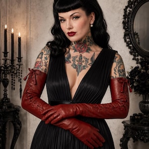 Dark Red Burgundy Quality Gothic Long Leather Lace Up Opera Gloves Small Medium Large & Extra Large Unisex image 1