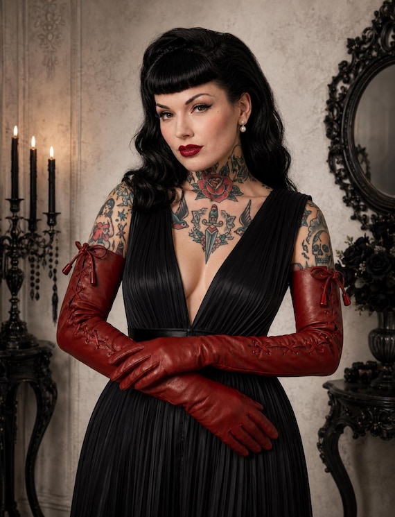 Dark Red Burgundy Quality Gothic Long Leather Lace Up Opera Gloves Small Medium Large & Extra Large Unisex