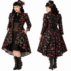 Abrigo Steampunk con estampado de cerezas, chaqueta de corsé victoriana gótica (talla 12/14 del Reino Unido)
