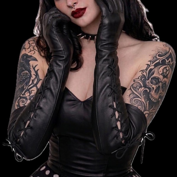 Black Quality Gothic Long Leather Lace Up Opera Gloves Small Medium Large & Extra Large Unisex