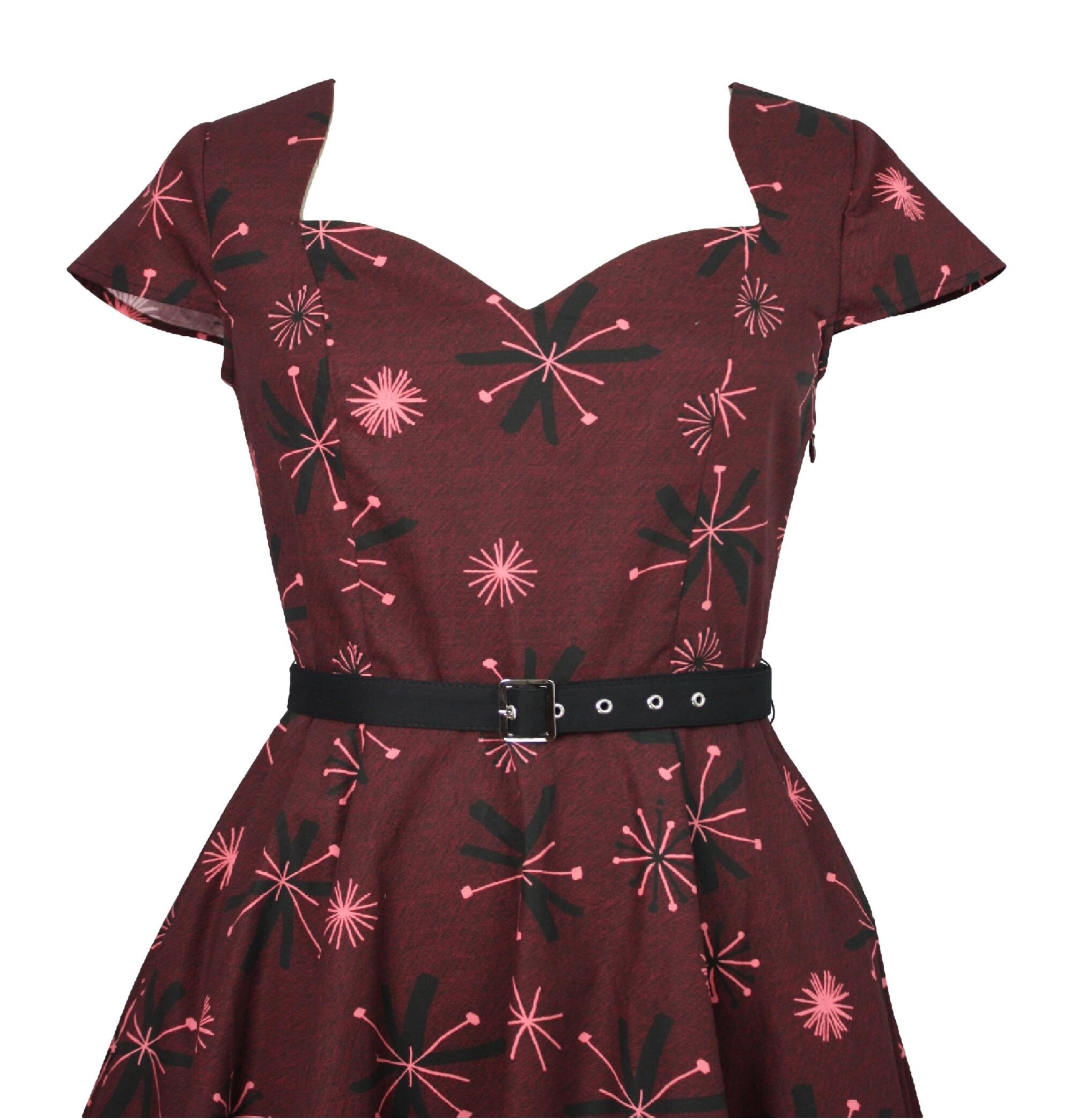 burgundy rockabilly dress Retro Stage Burgundy Flocked Floral Mini Dress