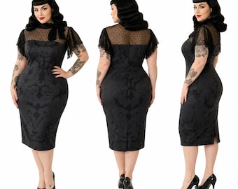 Plus Size 24 Black Jacquard Print 50s Pencil Dress Vintage Style True to Plus Size
