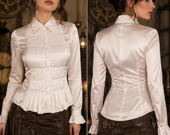 White Satin Victorian Blouse, Pleated Front, UK Size 10/12