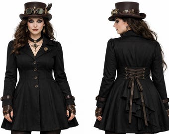 Schwarzer Mantel, viktorianische Reitjacke im Steampunk-Gothic-Stil, Größe 8, 10, 12, 14, 16 (UK)