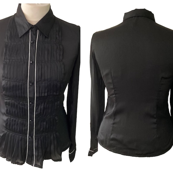 Gothic Steampunk Black Satin Vintage Pleated Front Blouse Victorian Top UK Size 12/14 14/16