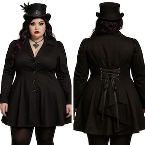 Plus Size Black Victorian Riding Jacket: Steampunk Gothic Corset Coat 18-32