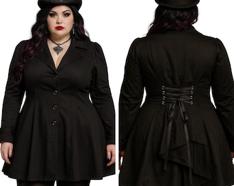 Plus Size Black Victorian Riding Jacket: Steampunk Gothic Corset Coat 18-32