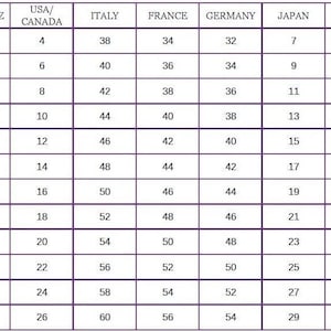 May include: A chart showing clothing sizes for different countries, including the UK, Australia, New Zealand, USA, Canada, Italy, France, Germany, Japan, and Russia. The chart shows the corresponding sizes for each country, ranging from 6 to 60.