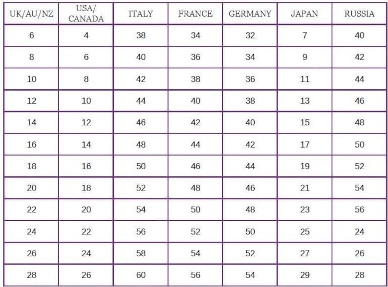 May include: A chart showing clothing sizes for different countries, including the UK, Australia, New Zealand, USA, Canada, Italy, France, Germany, Japan, and Russia. The chart shows the corresponding sizes for each country, ranging from 6 to 60.