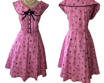 50s Vintage Inspired Dress Pink 50s Astro Print Retro Dress UK 8 10 12 14