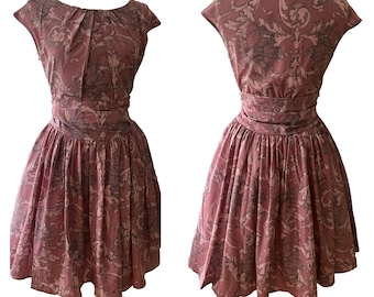 Pink Floral Chiffon 50s Style Vintage Dress, Ruched with Pockets (UK 12)