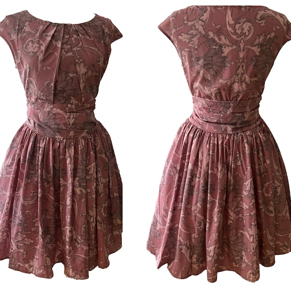 Pink Floral Leaf 50s Vintage Style Ruched Flattering Chiffon Retro Dress Pockets UK 10 12 14