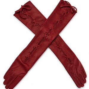 Dark Red Burgundy Quality Gothic Long Leather Lace Up Opera Gloves Small Medium Large & Extra Large Unisex image 4