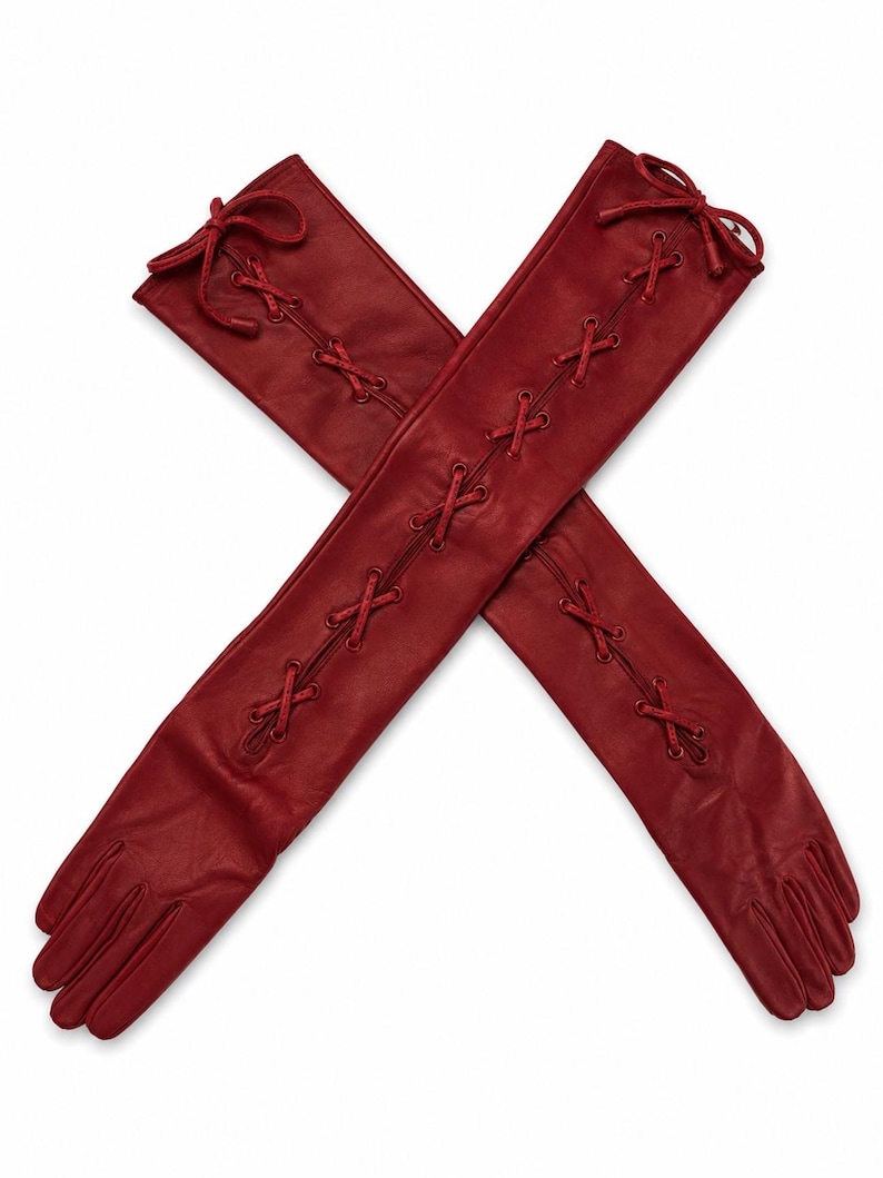 Dark Red Burgundy Quality Gothic Long Leather Lace Up Opera Gloves Small Medium Large & Extra Large Unisex image 4