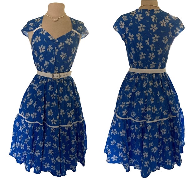 Plus Size Vintage Swing Blue Floral Belted 50s Retro Dress True To Size UK 24 26 28