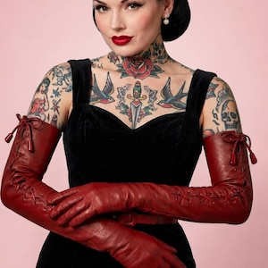Dark Red Burgundy Quality Gothic Long Leather Lace Up Opera Gloves Small Medium Large & Extra Large Unisex image 2