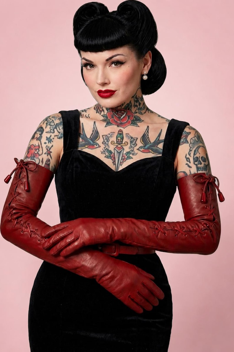 Dark Red Burgundy Quality Gothic Long Leather Lace Up Opera Gloves Small Medium Large & Extra Large Unisex image 2
