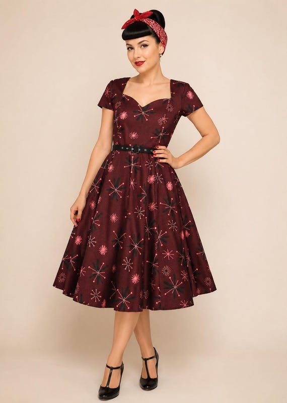 burgundy rockabilly dress Astro Print Swing - 50s Style Cotton Dress 6 8 10 Sweep them off their