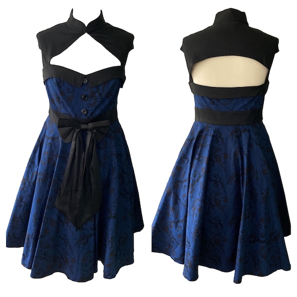 Blue Black 1950s Vintage Swing Dress Cut Out Feature Rockabilly Size UK 12 14 16