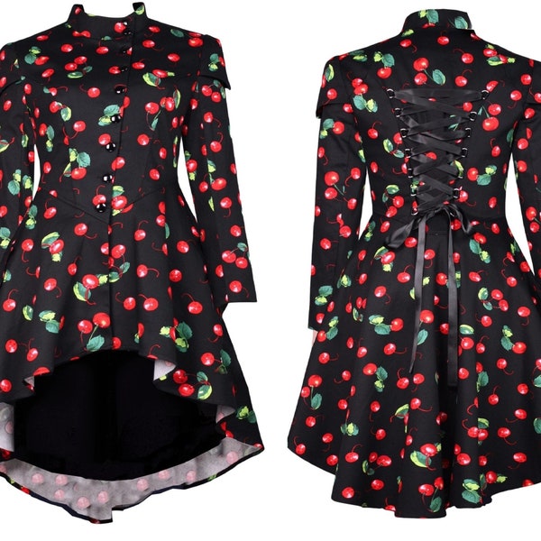 UK 12 14 Steampunk Cherries Coat Jacket Gothic Retro Cherry Coat True To Size Corset Tie Back Entièrement doublé