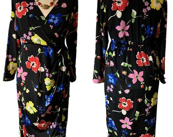 Taille 12 14 16 Tendance Noir Jaune vif Rose Rouge Bleu Robe portefeuille mi-longue à fleurs fixe