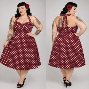 Plus Size UK 22 Tegelröd Prickig Halterneck Swingklänning, 50-tals Retrostil