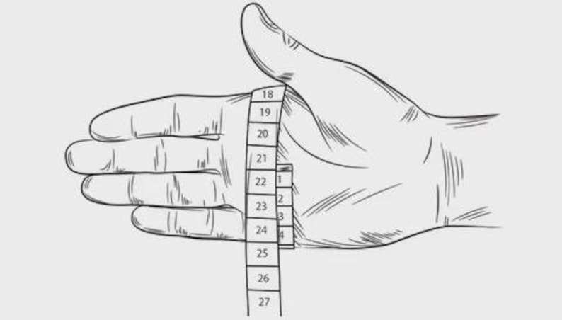 May include: A black and white line drawing of a hand with a measuring tape wrapped around the palm. The tape shows numerical markings ranging from 18 to 27, indicating a method for measuring hand circumference for sizing purposes in a clear illustration.