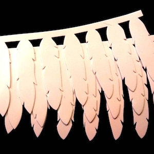 May include: A row of light pink, feather-shaped cutouts, each with a detailed edge, arranged in a curve. They are attached to a horizontal strip at the top. The background is a solid black colour.