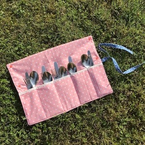 Camping cutlery bag, roll bag jeans, salmon-colored