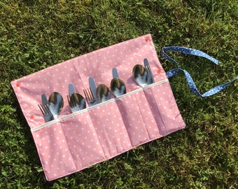 Bestektas voor op de camping, oprolbare tas, jeans, zalmkleurig