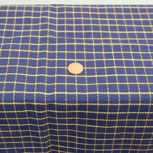 May include: A close-up of a blue and yellow plaid fabric. The fabric has a woven texture and a subtle sheen.
