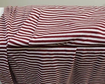 1970's vintage Burgundy Red & White stripes print thin light t-shirt weight knit polyester fabric  horizontal stripes 5 yards by 36" wide