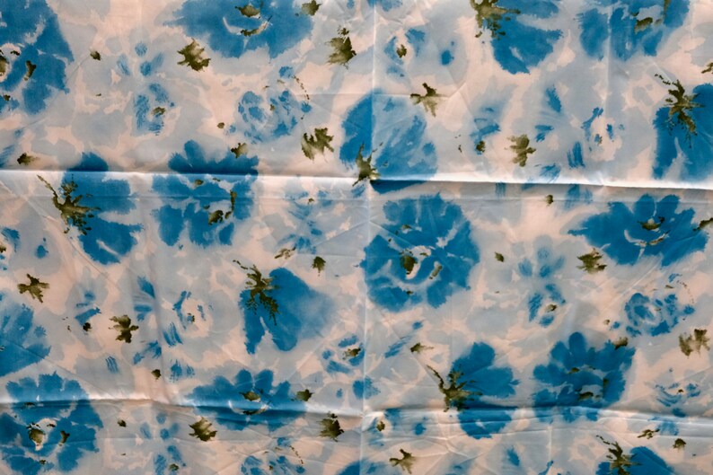 1950/'s Vintage Big Turquoise Roses with Light Blue and Olive on White Summer Cotton Fabric 1 yard 23 long by 36 wide Little Girls Dress ?