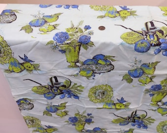 1950's Vintage Light Blue Large Domestic Style Novelty Print Cotton Sample Fabric Directional Print 1 yard 28" by 34” wide Fruit, Flowers