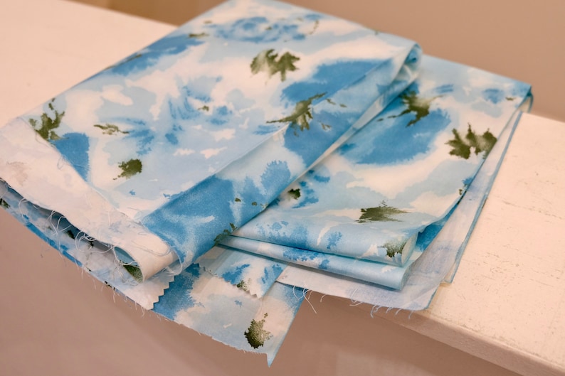 1950/'s Vintage Big Turquoise Roses with Light Blue and Olive on White Summer Cotton Fabric 1 yard 23 long by 36 wide Little Girls Dress ?