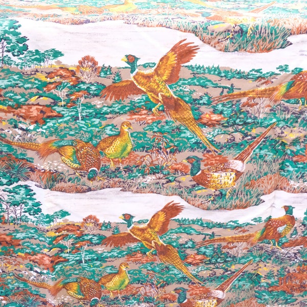 1950's Vintage Pheasant Wildlife Novelty Print Green Brown Yellow Soft Cotton Flannel Fabric 1 yard 8" long by 44" wide Great for a Cabin