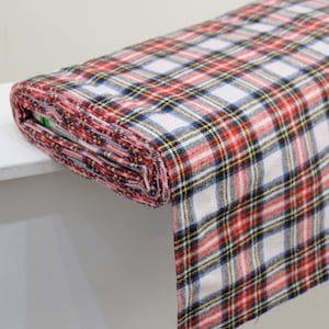 1970's Vintage White Plaid with red blue fgreen yellow and black Woolen Blend Weight Fabric 1 yard in length by 60" wide