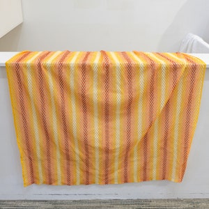 1970&#39;s Vintage Nylon Fabric Crochet Style Mesh and Light White and Yellow Triped Textured Style Stripes Curtain Panel  44&quot; long by 24&quot; wide